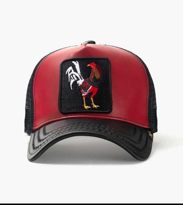 GOLD STAR ROOSTER  BURGUNDY LEATHER TRUCKER HAT