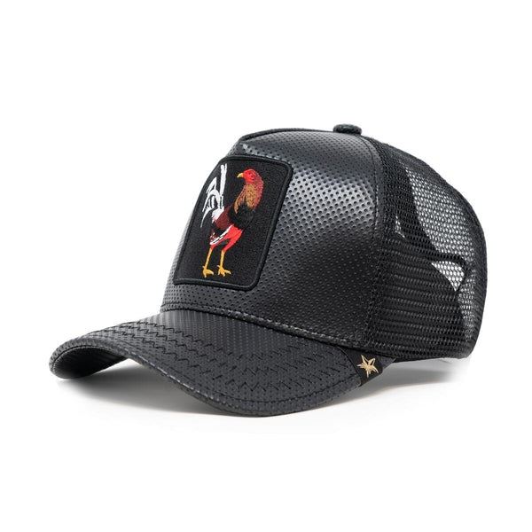 GOLD STAR ALL BLACK LEATHER ROOSTER TRUCKER HAT