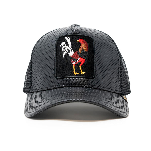 GOLD STAR ALL BLACK LEATHER ROOSTER TRUCKER HAT