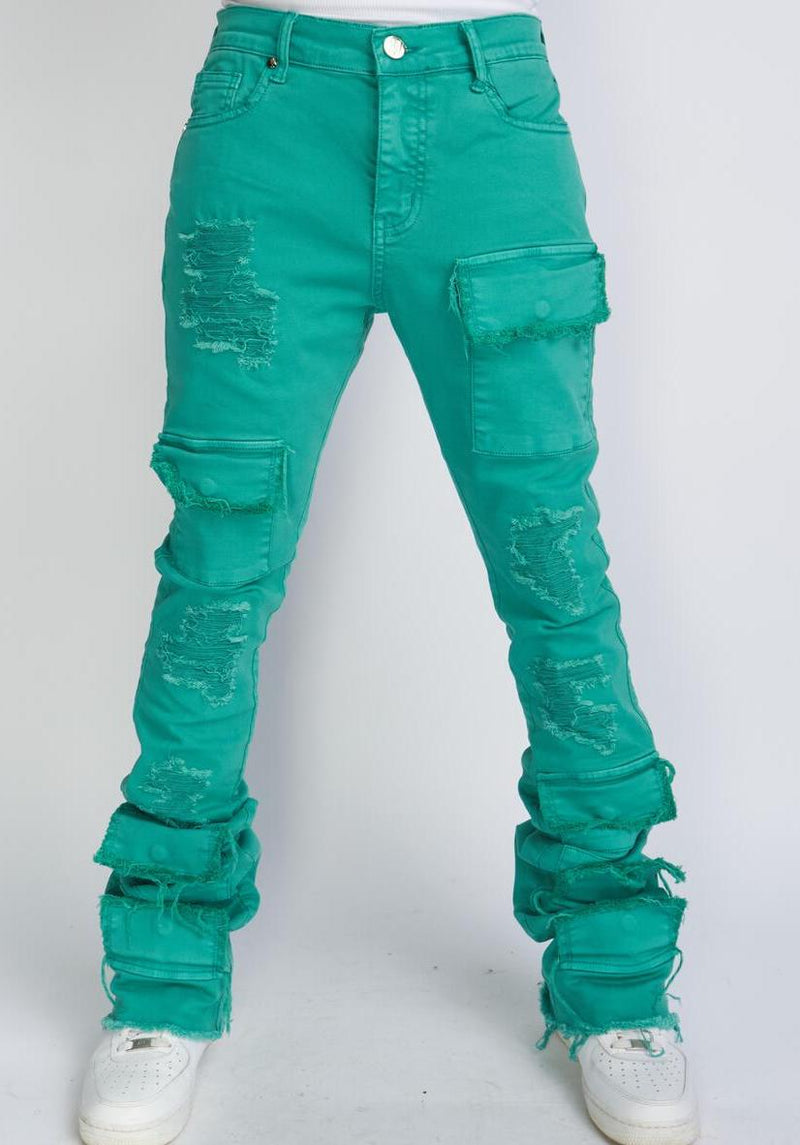 POLITICS TEAL SUPER STACKED CARGO JEANS