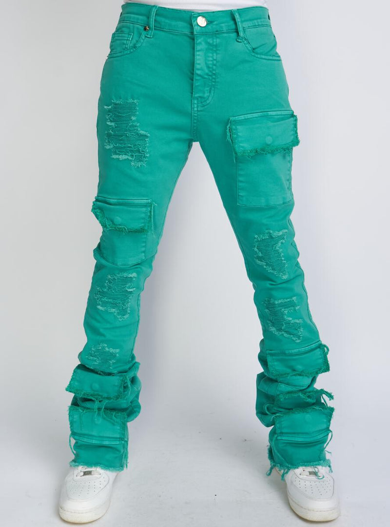 POLITICS TEAL SUPER STACKED CARGO JEANS