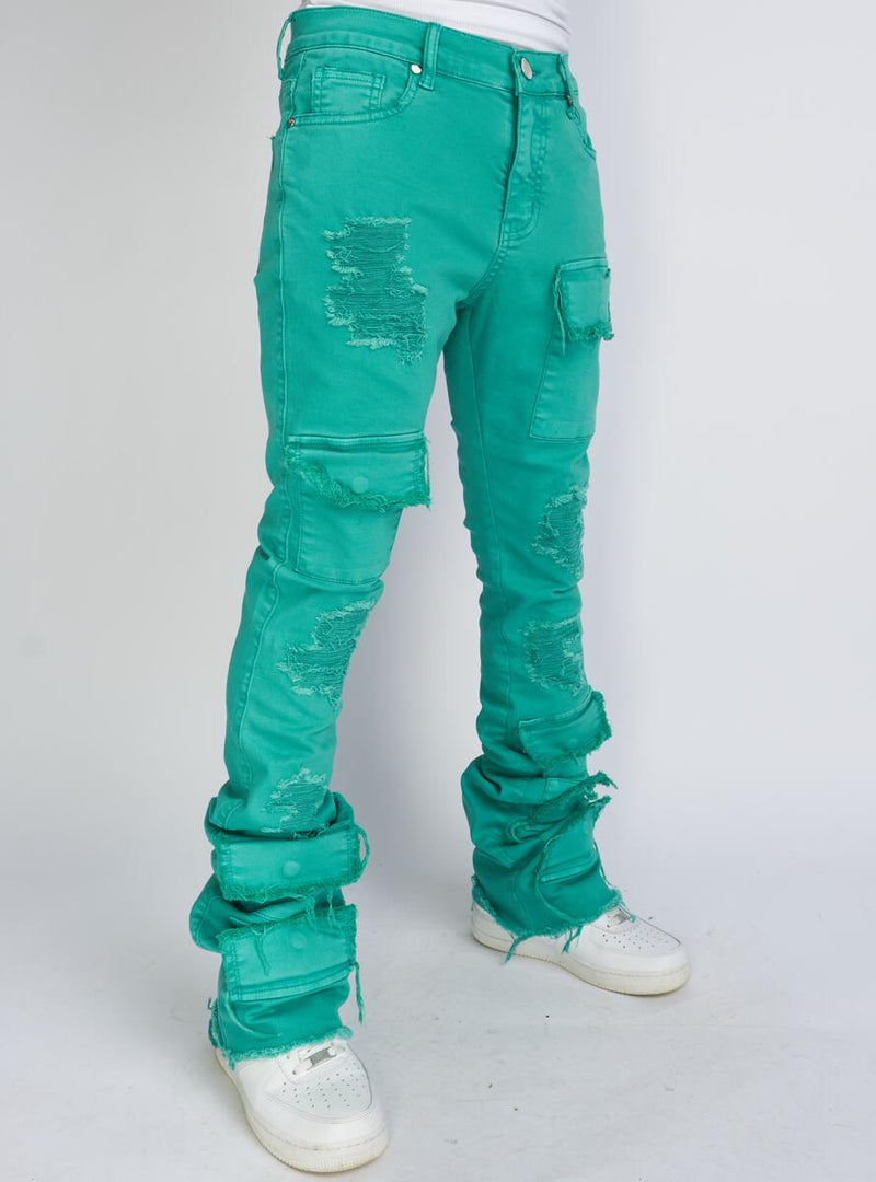 POLITICS TEAL SUPER STACKED CARGO JEANS