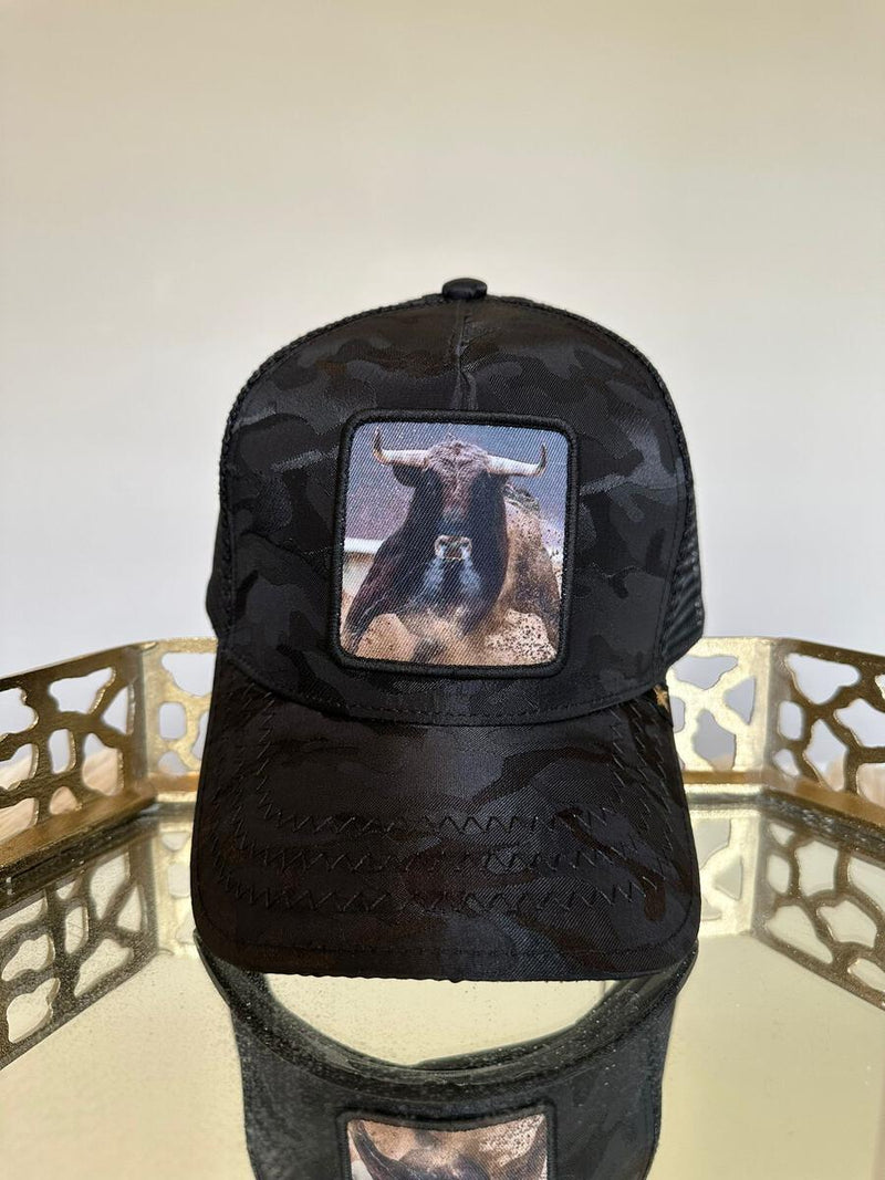 GOLD STAR BLACK CAMO BULL TRUCKER HAT