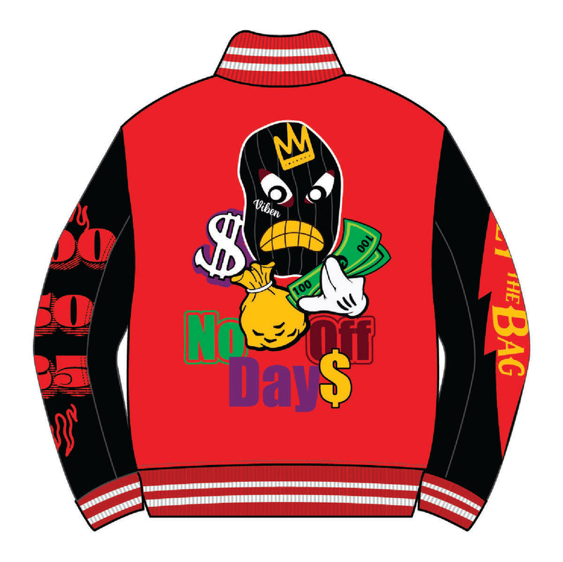 REBEL MINDS NO DAYS OFF RED VARSITY JACKET