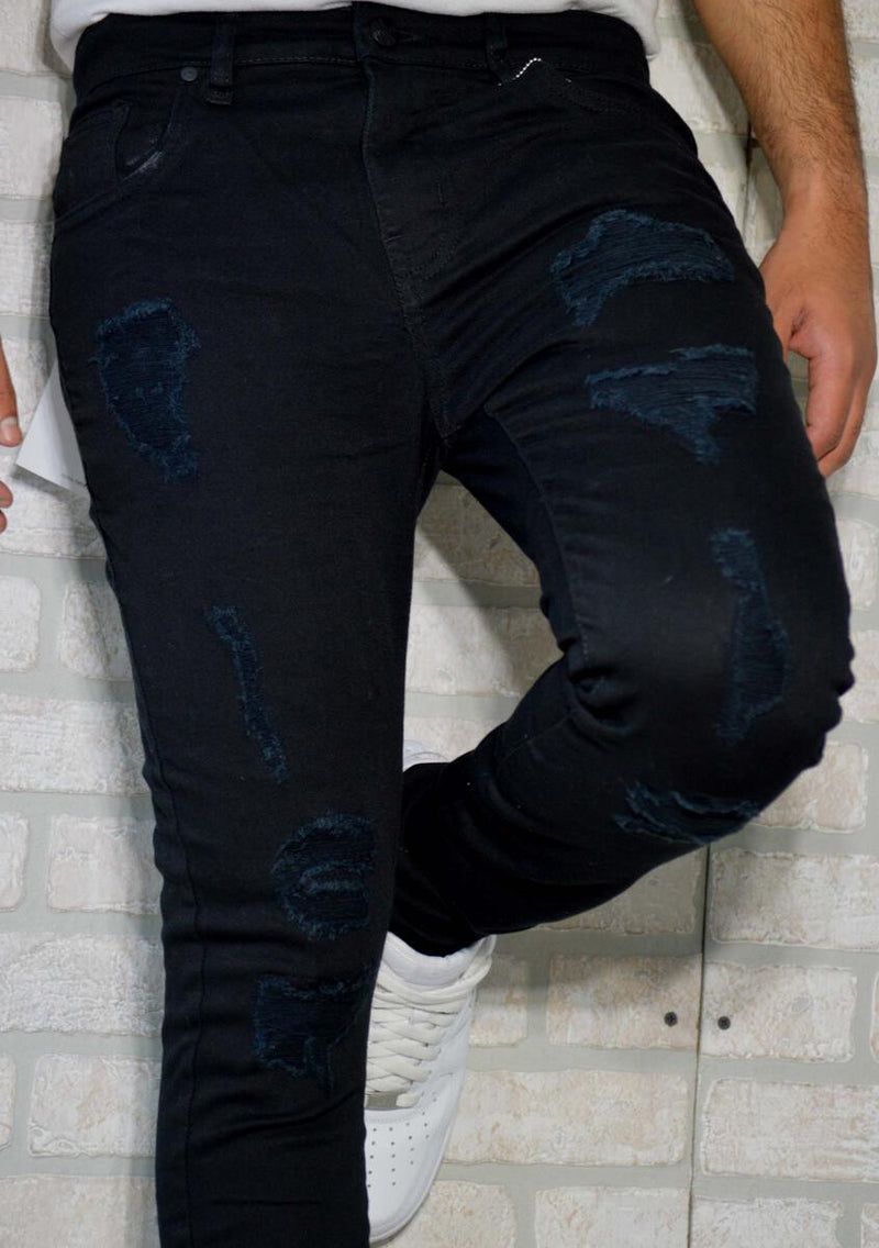 DISASTER SUPER STRETCH DENIM - (Jet Black with Rips)