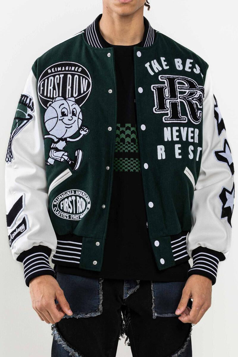 FIRST ROW DENIM THE BEST NEVER REST CHAMPIONSHIP VARSITY JACKET FOREST GREEN