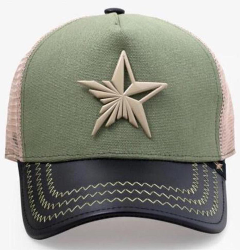 GOLD STAR GREEN FIVE POINT STAR TRUCKER HAT