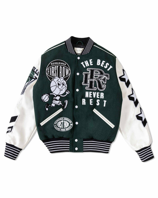 FIRST ROW DENIM THE BEST NEVER REST CHAMPIONSHIP VARSITY JACKET FOREST GREEN