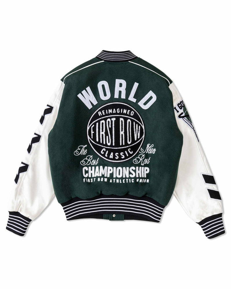 FIRST ROW DENIM THE BEST NEVER REST CHAMPIONSHIP VARSITY JACKET FOREST GREEN