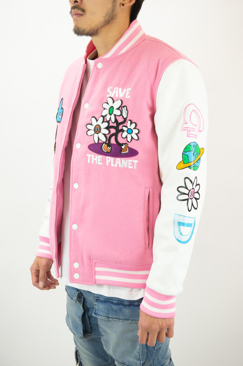 REBEL MINDS SAVE THE PLANET VARSITY JACKET