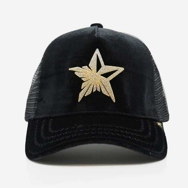 GOLD STAR  VELVET BLACK FIVE POINT STAR TRUCKER HAT