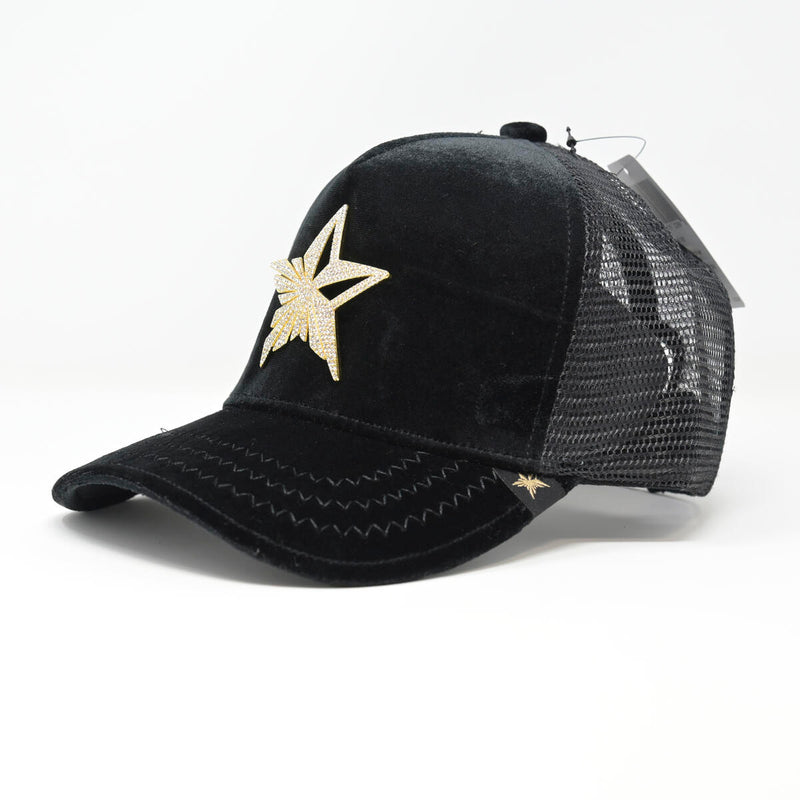 GOLD STAR  VELVET BLACK FIVE POINT STAR TRUCKER HAT