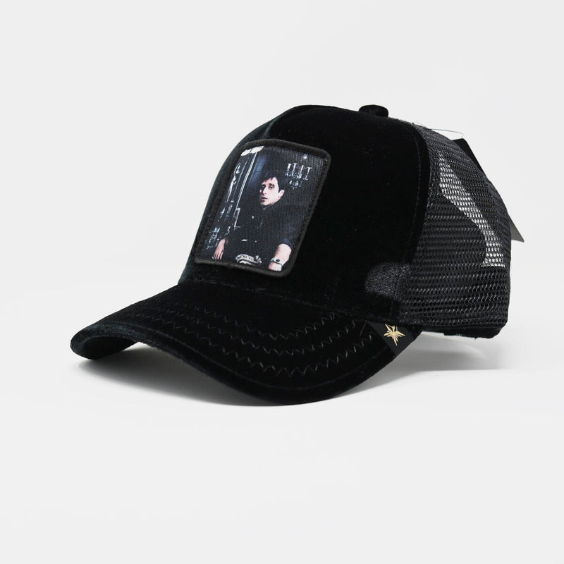 GOLD STAR VELVET SCAR FACE BLACK TRUCKER HAT