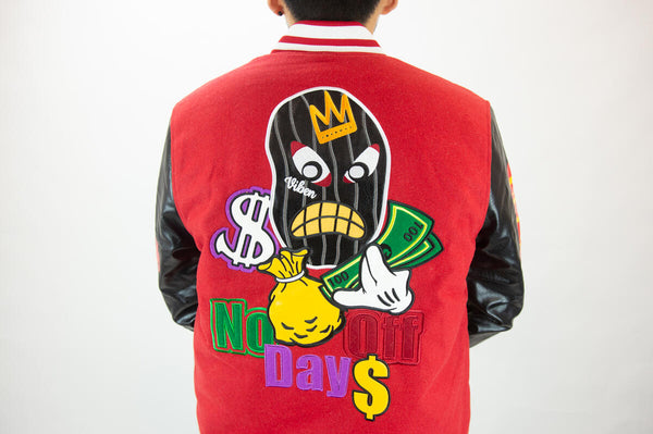 REBEL MINDS NO DAYS OFF RED VARSITY JACKET