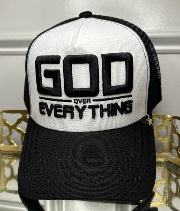 GOLD STAR GOD OVER EVERYTHING BLACK/WHITE TRUCKER HAT