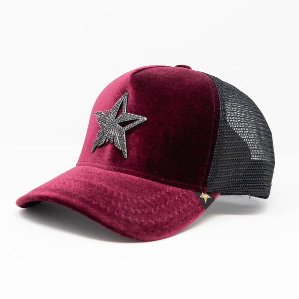 GOLD STAR FIVE POINT STAR VELVET BURGUNDY TRUCKER HAT