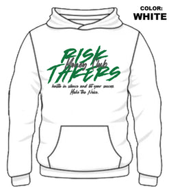 DISASTER RISK TAKERS WHITE MENS HOODIE - HEAVY GSM FLEECE HOODIE