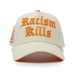 GOLD STAR RACISM KILLS TAN AND ORANGE TRUCKER HAT