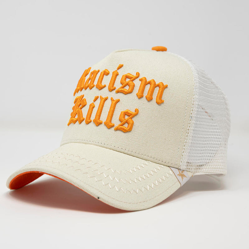 GOLD STAR RACISM KILLS TAN AND ORANGE TRUCKER HAT