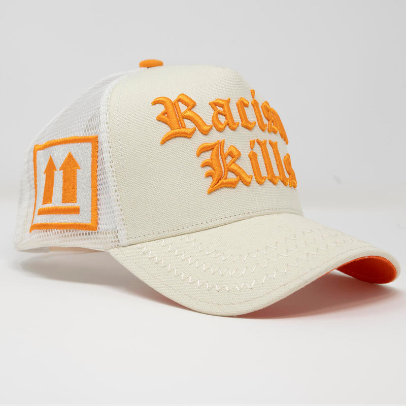 GOLD STAR RACISM KILLS TAN AND ORANGE TRUCKER HAT