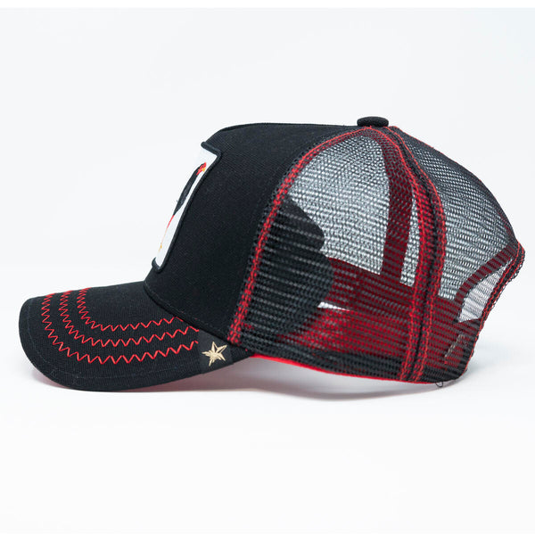 GOLD STAR BLACK AND RED ROOSTER TRUCKER HAT