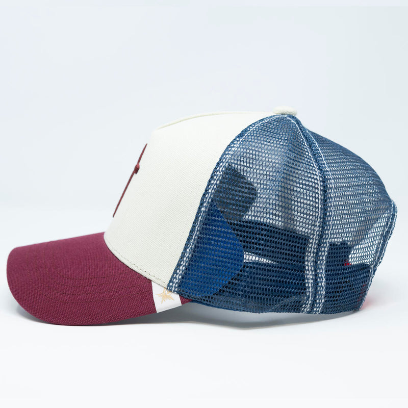 GOLD STAR BURGUNDY CROSS TRUCKER HAT