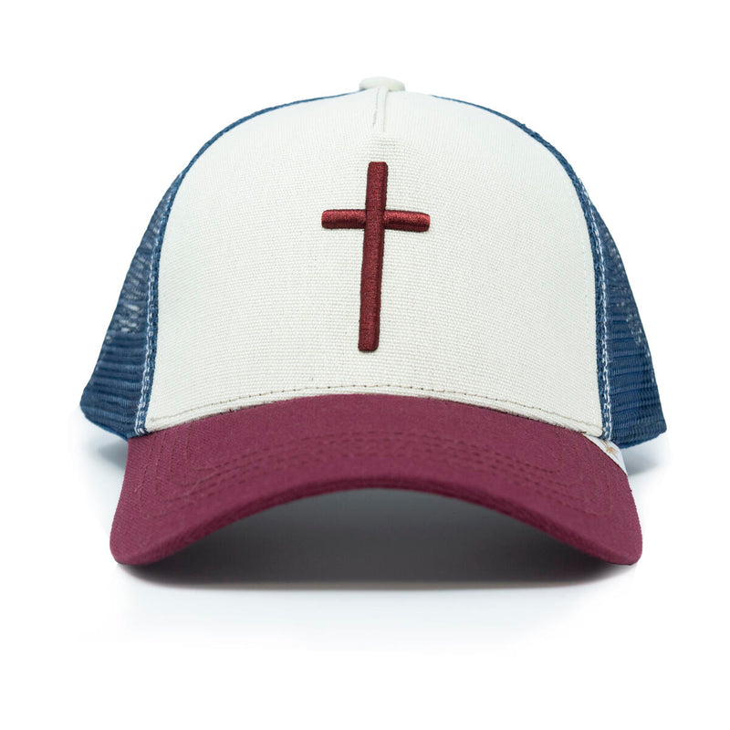 GOLD STAR BURGUNDY CROSS TRUCKER HAT