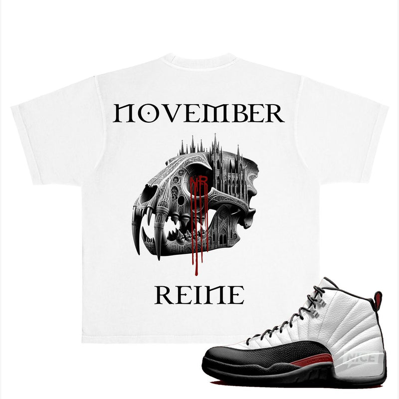 NOVEMBER REINE "SABERTOOTH" HEAVYWEIGHT LUXURY T-SHIRT WHITE BLACK DARK RED