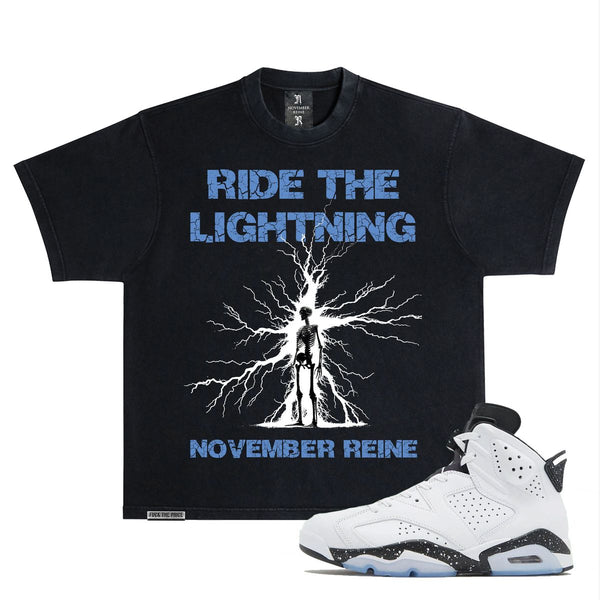 NOVEMBER REINE "RIDE THE LIGHTNING" HEAVYWEIGHT LUXURY T-SHIRT BLACK AND ICE BLUE