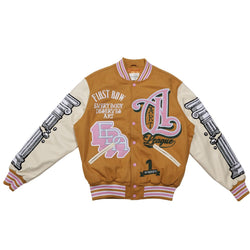 FIRST ROW MUSTARD ART LEAGUE MULTI PATCHES VARSITY JACKET