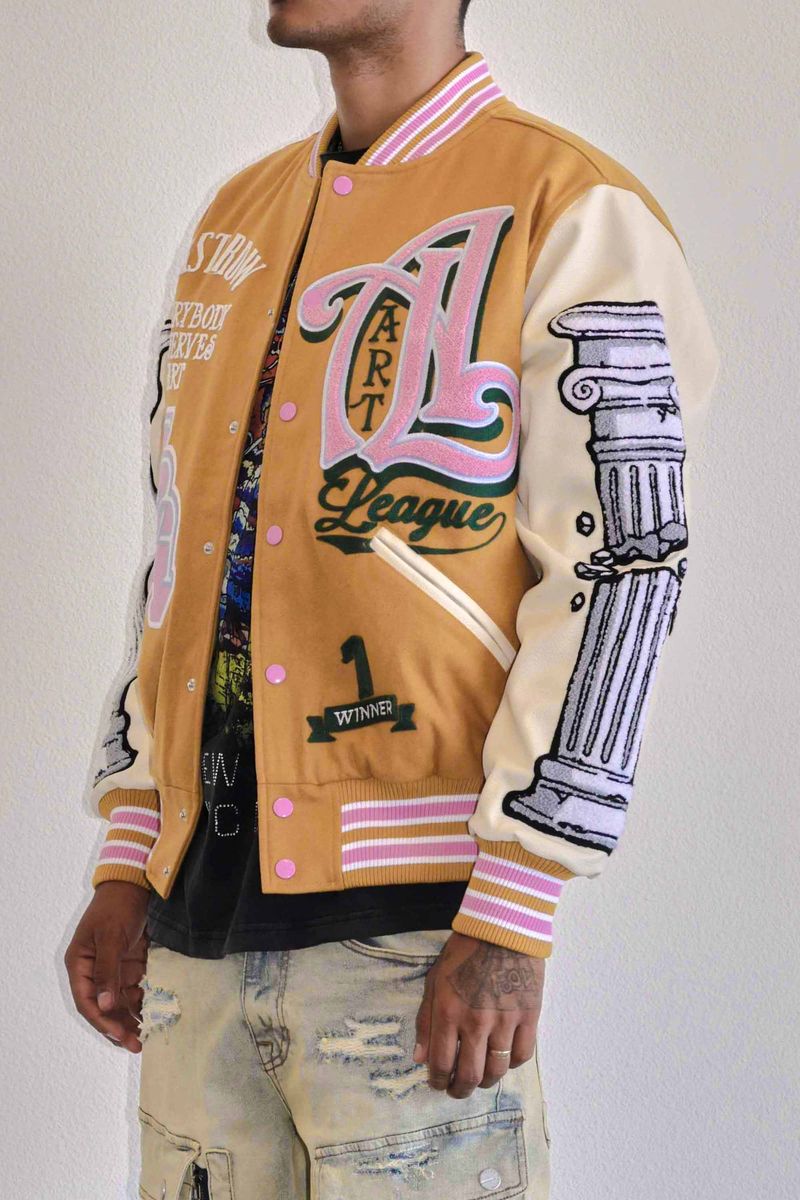 FIRST ROW MUSTARD ART LEAGUE MULTI PATCHES VARSITY JACKET