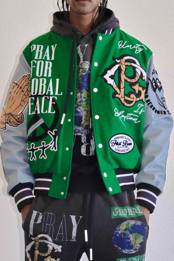 FIRST ROW GREEN GLOBAL PEACE MULTI PATCHES VARSITY JACKET