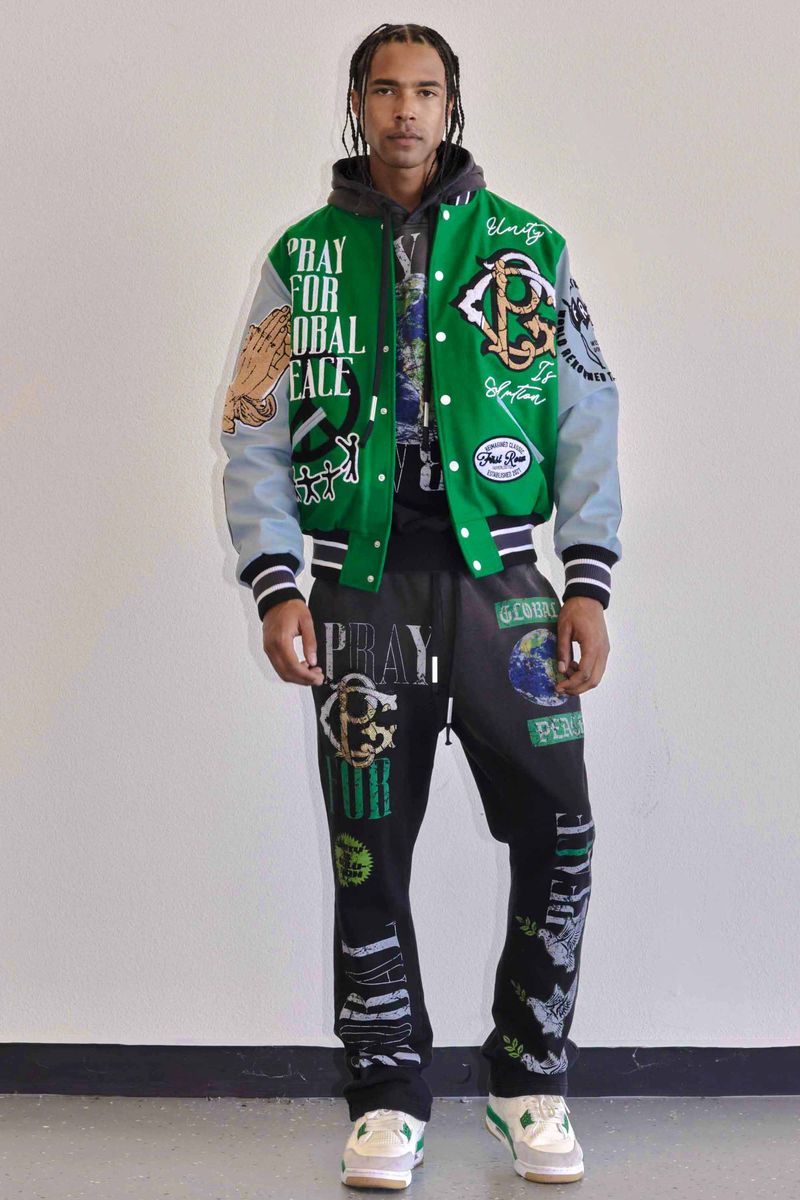 FIRST ROW GREEN GLOBAL PEACE MULTI PATCHES VARSITY JACKET