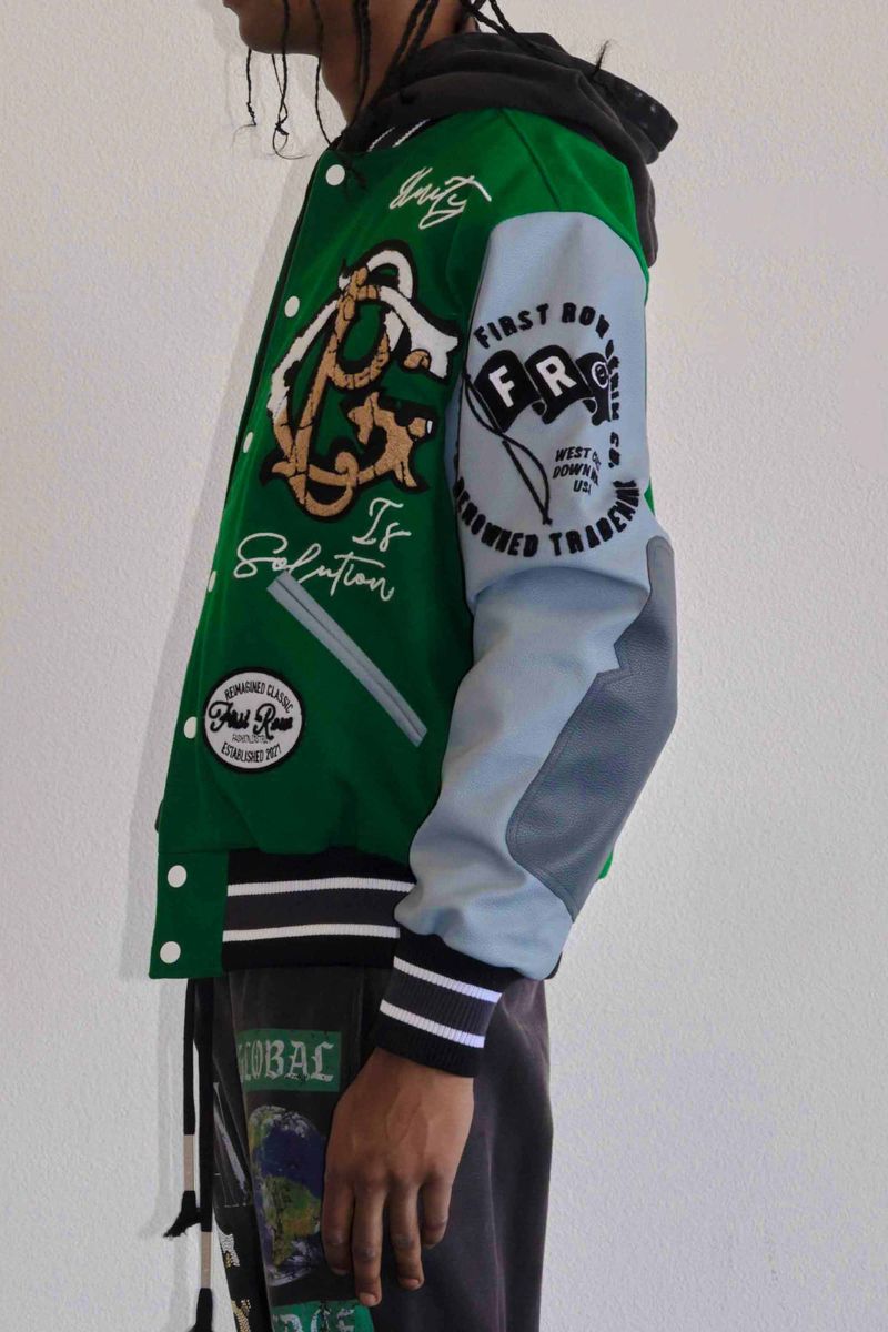 FIRST ROW GREEN GLOBAL PEACE MULTI PATCHES VARSITY JACKET