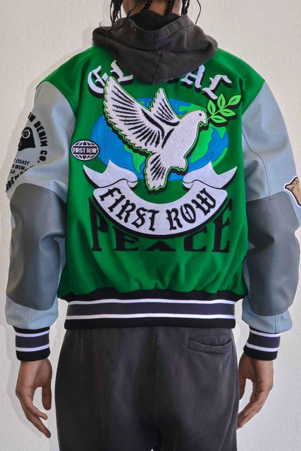 FIRST ROW GREEN GLOBAL PEACE MULTI PATCHES VARSITY JACKET