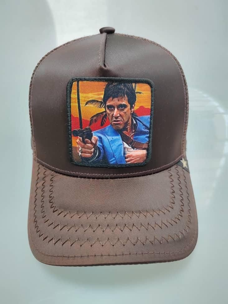 GOLD STAR SCAR FACE BROWN LEATHER TRUCKER HAT