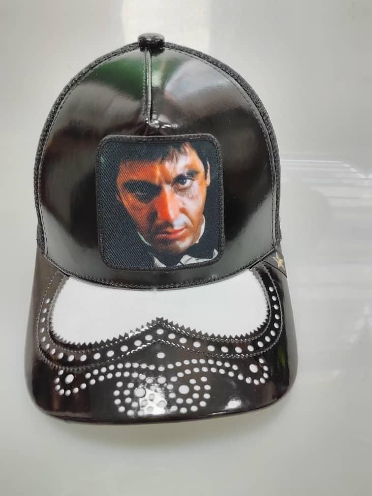 GOLD STAR SCAR FACE BLACK LEATHER TRUCKER HAT