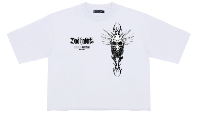 ROKU STUDIO BAD HABITS STUDDED CROPPED WHITE T-SHIRT