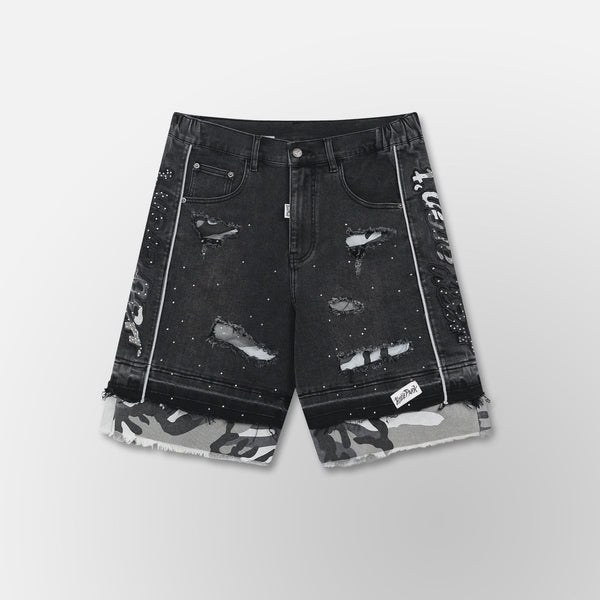 HYDE PARK Camo Patch Striped Denim Short - Black (Camo-Patch-Striped-Denim-Short-Black)