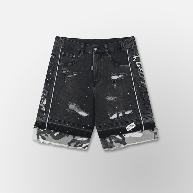 HYDE PARK Camo Patch Striped Denim Short - Black (Camo-Patch-Striped-Denim-Short-Black)
