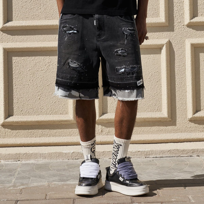 HYDE PARK Camo Patch Striped Denim Short - Black (Camo-Patch-Striped-Denim-Short-Black)