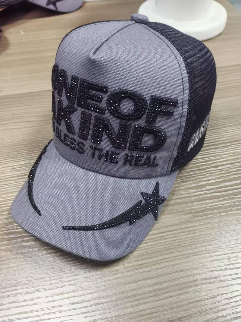 GOLD STAR ONE OF A KIND RHINESTONE GREY TRUCKER HAT
