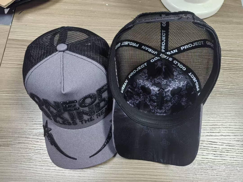 GOLD STAR ONE OF A KIND RHINESTONE GREY TRUCKER HAT