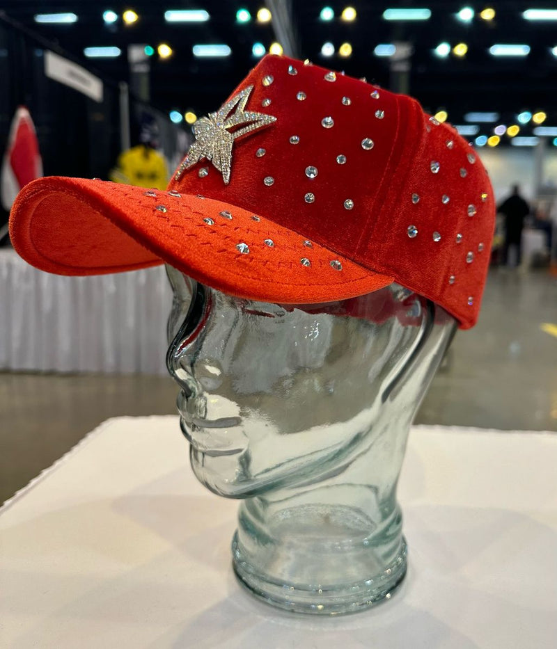 GOLD STAR FIVE POINT STAR RHINESTONE RED TRUCKER HAT