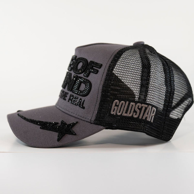GOLD STAR ONE OF A KIND RHINESTONE GREY TRUCKER HAT