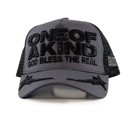 GOLD STAR ONE OF A KIND RHINESTONE GREY TRUCKER HAT