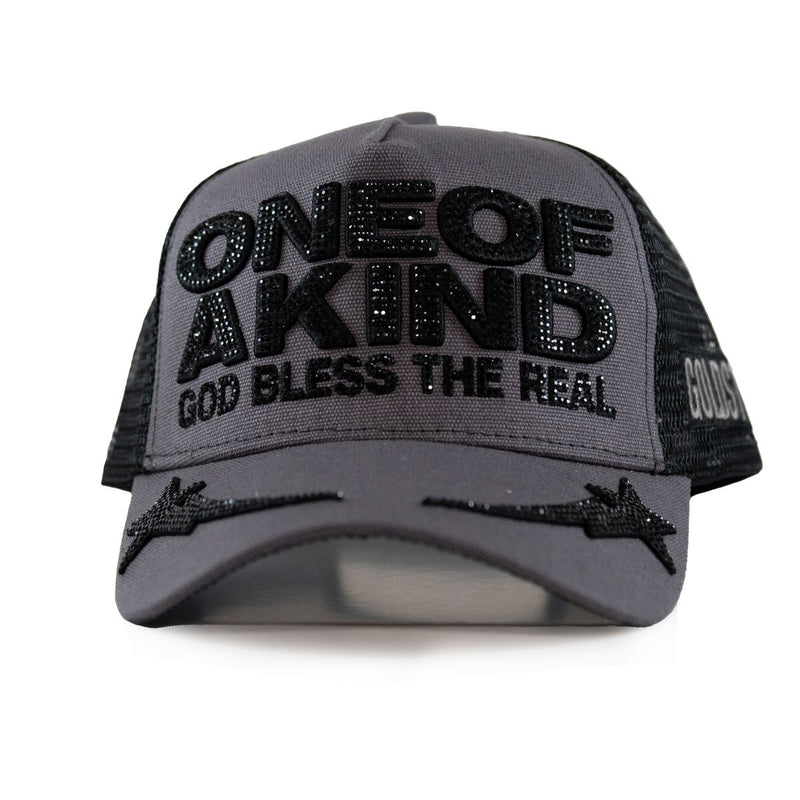 GOLD STAR ONE OF A KIND RHINESTONE GREY TRUCKER HAT