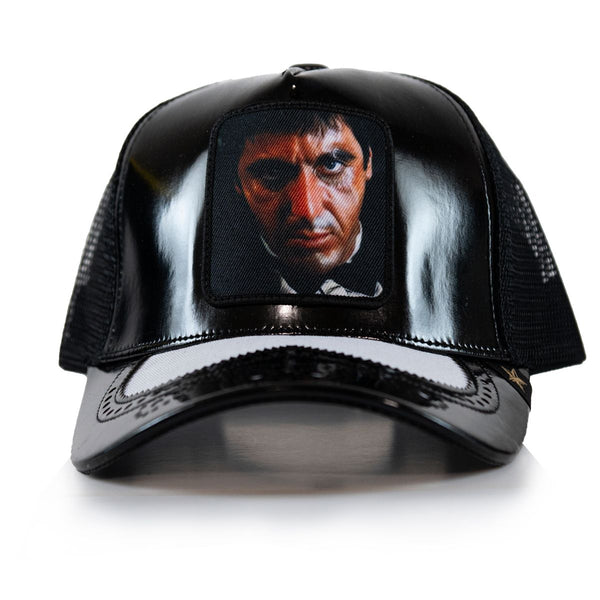 GOLD STAR SCAR FACE BLACK LEATHER TRUCKER HAT