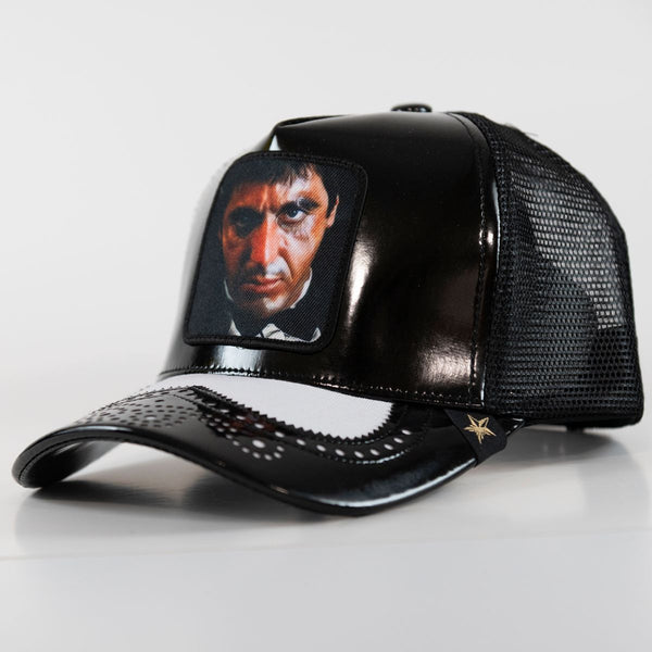 GOLD STAR SCAR FACE BLACK LEATHER TRUCKER HAT