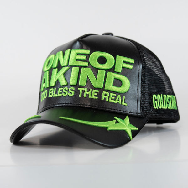GOLD STAR ONE OF A KIND BLACK AND GREEN TRUCKER HAT
